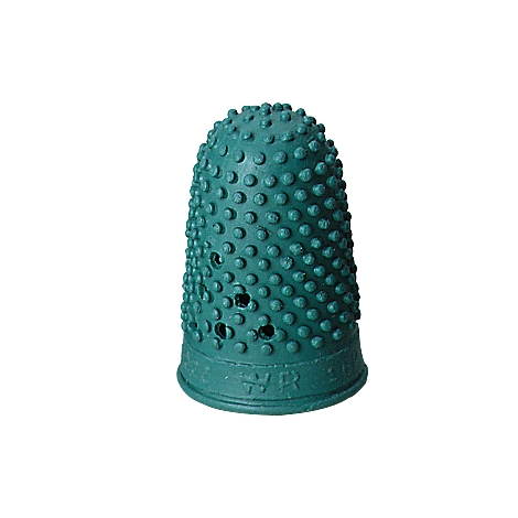 Green thimble with bumps, holes, and lettering on the edge.