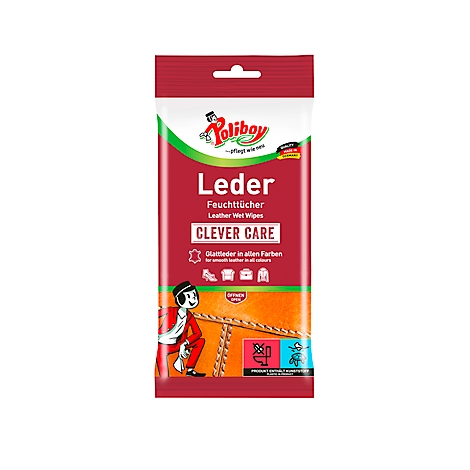 Packaging of leather wet wipes, red background with the words 'Leder' and 'Clever Care'.