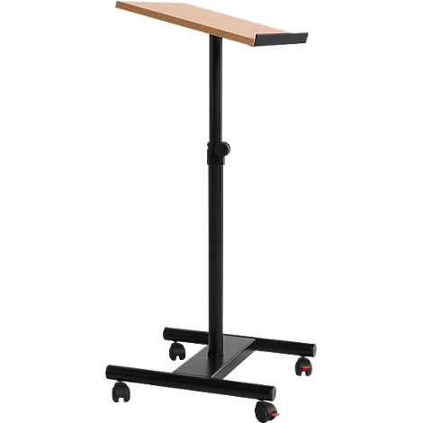 Black, height-adjustable lectern with wheels and wooden top.