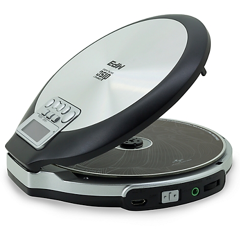 Lecteur CD portable, argent et noir, avec couvercle ouvert et CD inséré.