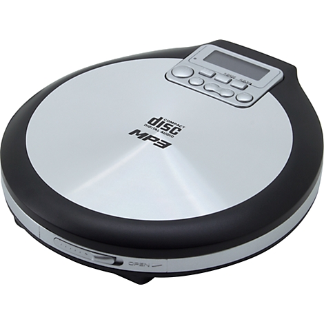 Lecteur MP3 argenté et rond avec cadre noir et écran LCD.