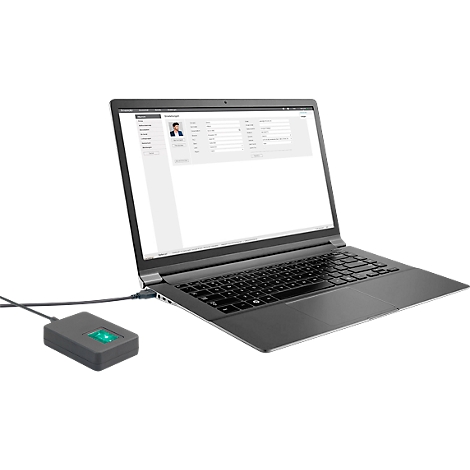 Ordinateur portable avec lecteur d'empreintes digitales connecté, affichant une interface de connexion.