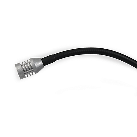 Nahaufnahme einer LED-Lampe mit silberfarbenem Lampenkopf und schwarzem, biegsamem Kabel vor weißem Hintergrund.