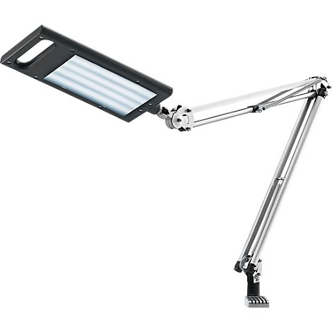 Schreibtischlampe mit verstellbarem Arm und LED-Panel, silber-schwarz.
