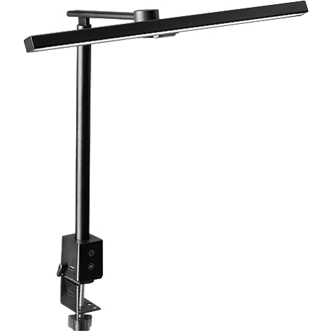 Zwarte LED-bureaulamp met klem. De lampkop is rechthoekig en kantelbaar. Hij is bevestigd aan een zwarte paal die met een klem aan een tafel wordt bevestigd.
