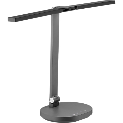 Donkergrijze bureaulamp, rechthoekige lichtbak, ronde voet met knoppen.