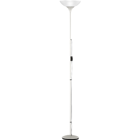 Floor lamp with white shade, slim stem, and round base.