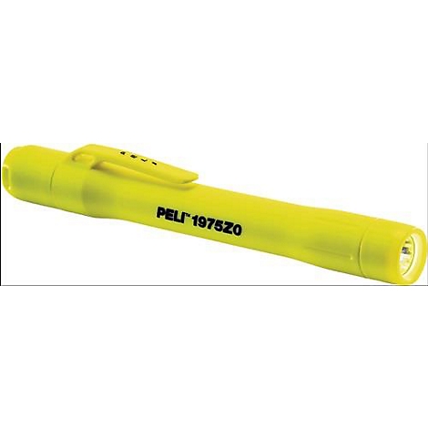 Yellow Peli flashlight with clip, text reads Peli 1975Z0.