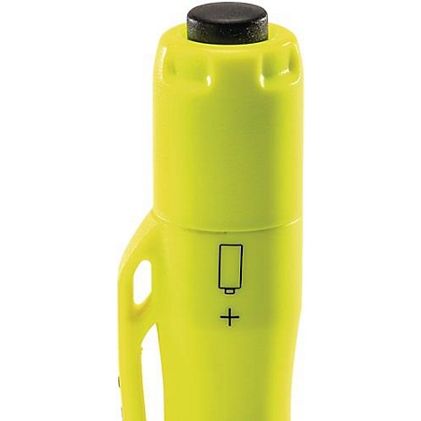 Bright yellow stick with black button on top. A plus sign and a battery symbol are depicted.