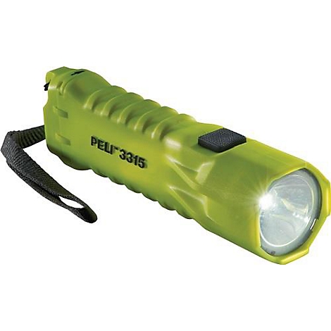 Green flashlight with black button and handle, light on. Reads Peli 3315.
