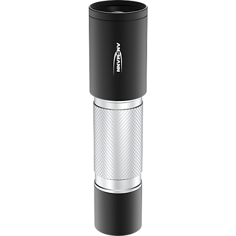 Optical accessory with black housing, silver handle and company logo.
