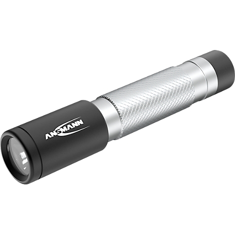A black and silver flashlight with the inscription ANSMANN.