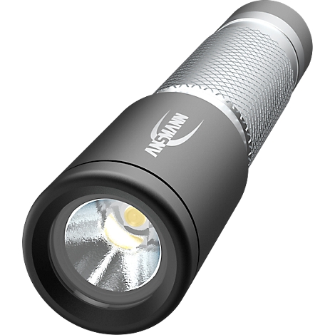 Gray flashlight with ANNSMANN logo and ribbed surface.