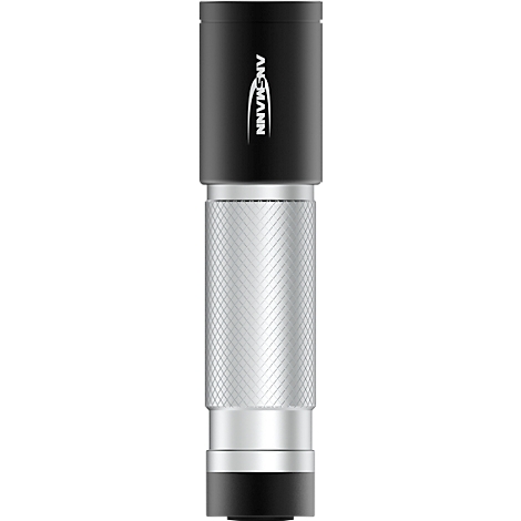 A black and silver LED flashlight with the text 'ANSMANN'.