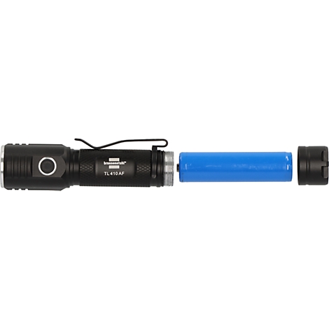 Black-blue flashlight with side switch and removable blue battery.