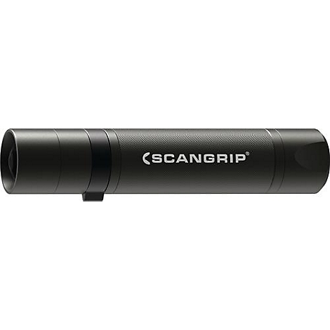 Close-up of a black LED flashlight with the words SCANGRIP.