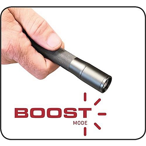 Hand holding black flashlight, next to red text: Boost Mode.