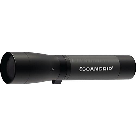 A black Scangrip flashlight, elongated, with the logo.