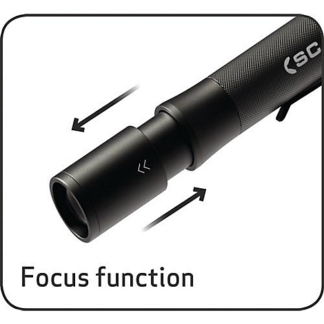Close-up of a black flashlight with focus function, arrows indicate operation. Text: Focus function.