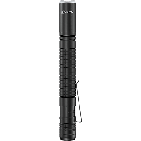 Black flashlight with 'VARTA' lettering. It has a ribbed center section and a metal clip.
