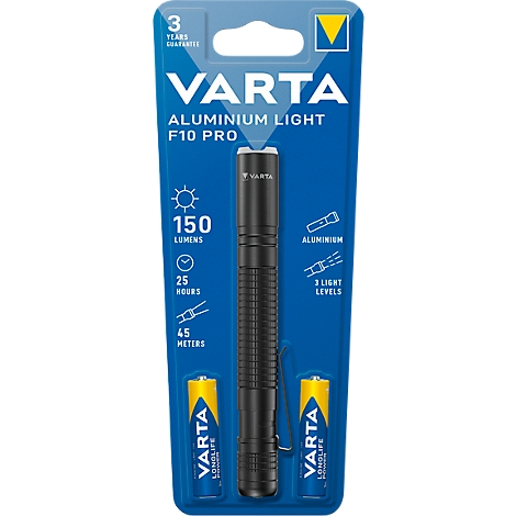 Black and gray VARTA aluminum flashlight on blister packaging. Labeling: F10 PRO, 150 lumens, aluminum, 3 light levels, 25 hours, 45 meters.