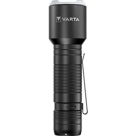 Black LED flashlight with silver clip and the VARTA lettering.