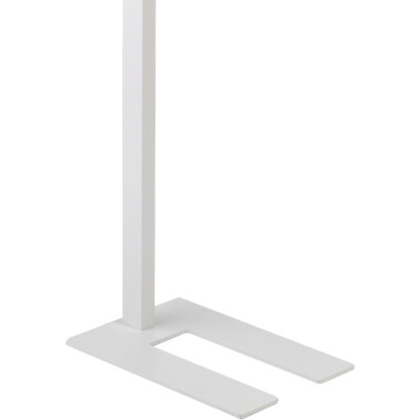 White, minimalist lamp stand, standing on a rectangular base and splitting like a fork.