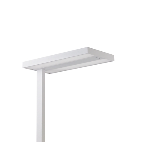 White LED desk lamp with a rectangular head and vertical arm. Detailed shot, neutral background.