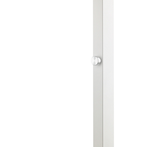Detail shot of a white, rectangular post with a silver screw. Lots of white space on the left.