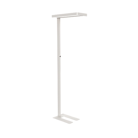 White floor lamp with rectangular lamp head, long stem, and square base.