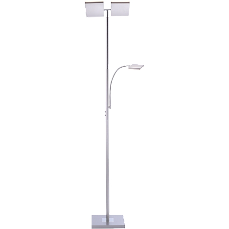 Metal floor lamp with two lampshades on top and another, flexible light arm.