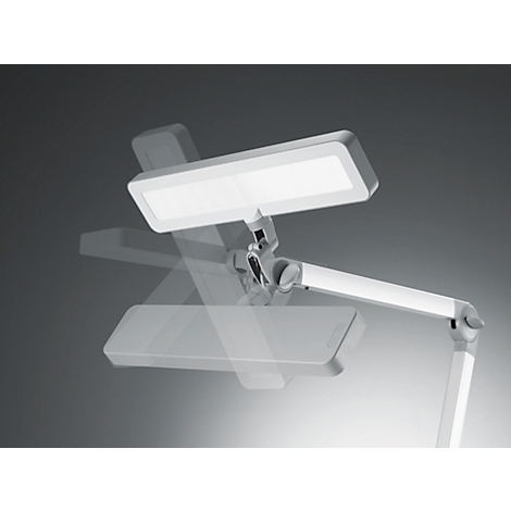 Eine helle, moderne Schreibtischlampe mit verstellbarem Kopf, die in verschiedenen Positionen dargestellt wird.
