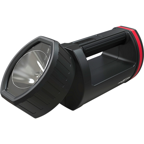 Black, angular flashlight with red accent and handle.