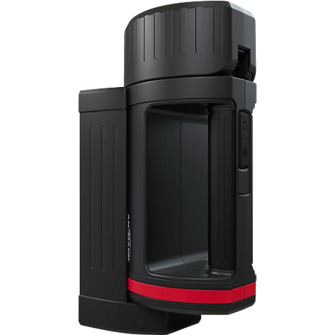 Black flashlight with red accent. Handle and buttons are visible.