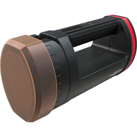 Black flashlight with a brown head and a red accent line, large handle.