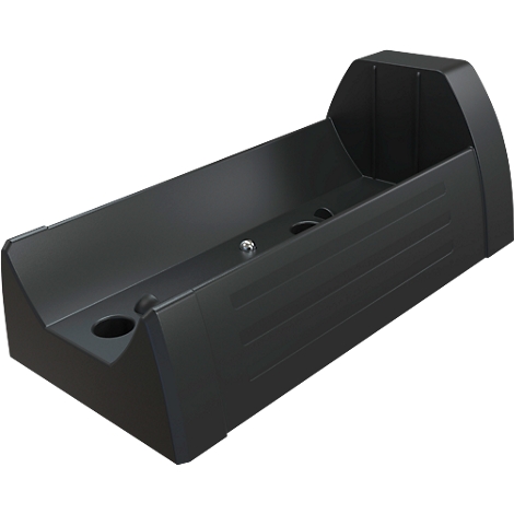 Black, oblong plastic charging station with round openings and a raised back.