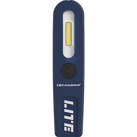 Donkerblauwe staafvormige lamp met een lichtpaneel en knop, met tekst "SCANGRIP" en "LITE".