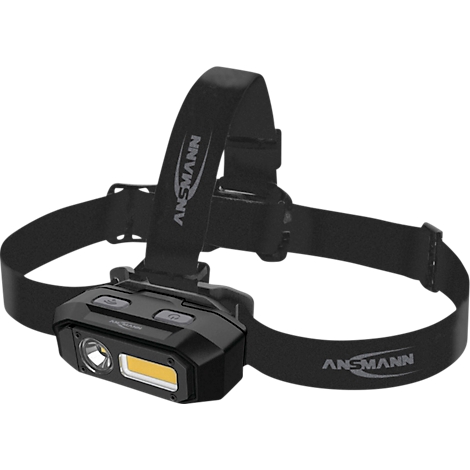 Black headlamp with 'ANSMANN' on the headband. Two light modes are visible, as well as controls.