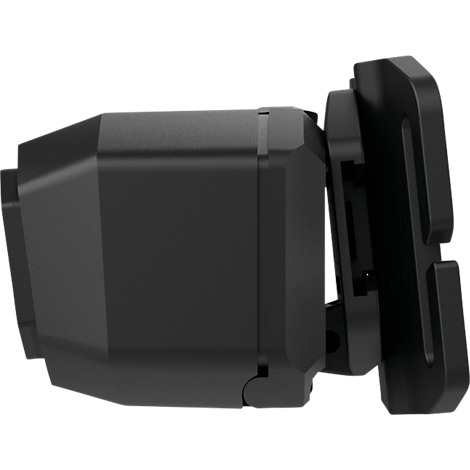 Black, angular device viewed from the side. A bracket is attached to the back.