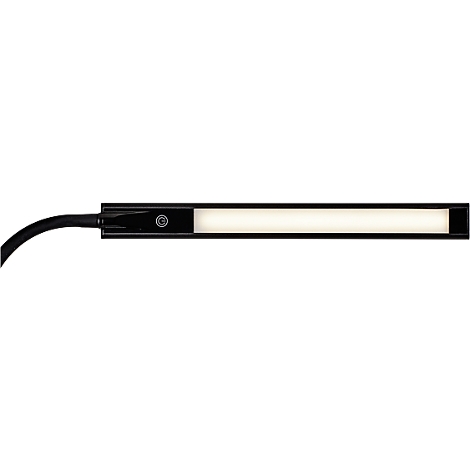 Een zwarte LED-bureaulamp met een rechthoekige lichtbak en gebogen kabel.