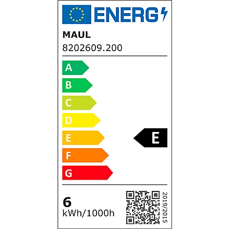 Energie-efficiëntielabel met teksten: ENERG, MAUL, 8202609.200, A-G schaal, energieklasse E, 6 kWh/1000h, QR-code, 2019/2015.