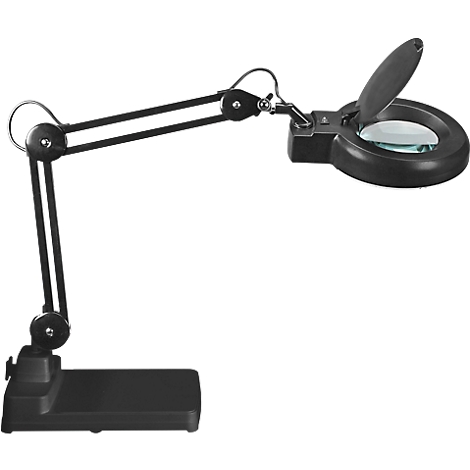 Zwarte loep met scharnierende arm en voet, lens open.