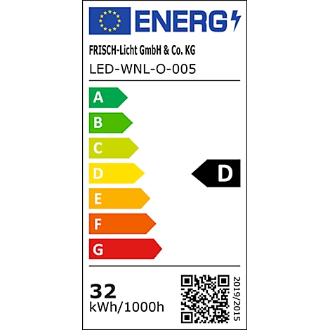 Energy label with letters A to G, value D. Company name Frisch-Licht and product designation.