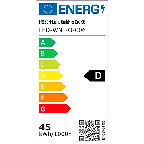 Energy label for LED lamp. The scale from A to G is displayed. The energy efficiency class is D. 45 kWh/1000h.