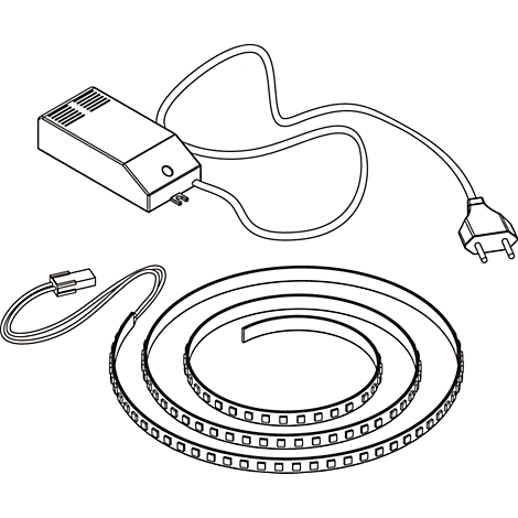 Black and white drawing of an LED light strip with power supply, plug and connecting cable.