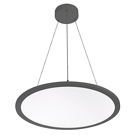 Round gray pendant lamp, bright light source. Attached to two ropes, ceiling mounting.
