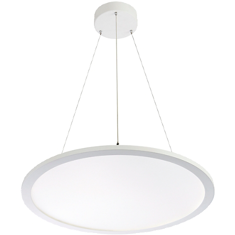 White, round ceiling lamp. It hangs from three thin cables from a white ceiling rose.