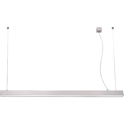 A long, silver-colored pendant light with thin steel cables. The lamp is rectangular, modern, and minimalist.
