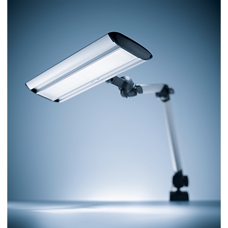 A modern desk lamp. The lamp head is rectangular and silver with a black top. The flexible arm is also silver.