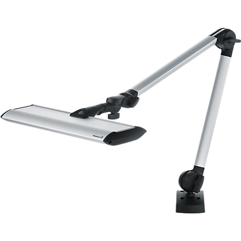 Silver desk lamp with flexible arm and rectangular luminaire, black joints.
